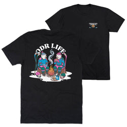Two black short-sleeve t-shirts shown on a white background, with the front and back views overlapping. The back shirt features a large graphic of two polar bears sitting by a campfire with the text 'ODR LIFE' above them.