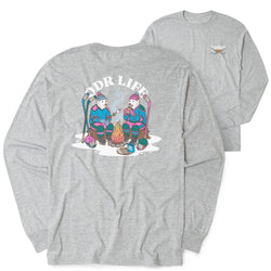 A heather gray long-sleeve t-shirt shown from both the back and front. The back features a large graphic of two cartoon hockey players sitting around a campfire with the text 'ODR LIFE' arched above them.