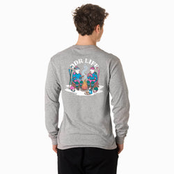 A man viewed from behind wearing a heather gray long-sleeve t-shirt with a colorful graphic on the back depicting two cartoon characters around a campfire, with the text 'ODR LIFE' above them.