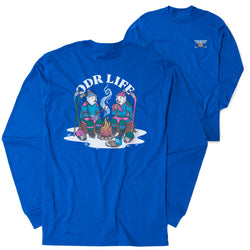 A royal blue long-sleeve t-shirt shown from the back, featuring a large graphic of two cartoon hockey players around a campfire with the text 'ODR LIFE' above them. A smaller front-view inset of the same shirt is visible in the upper right, showing a small white chest logo.