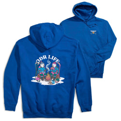 A royal blue hoodie shown from both the front and back. The back features a large graphic of two people sitting by a campfire with the text 'ODR LIFE' arched above them.