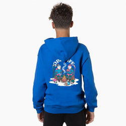 A child model shown from the back wearing a royal blue hoodie with a large graphic print on the back depicting two polar bears camping by a fire, with the text 'ODR LIFE' arched above them.