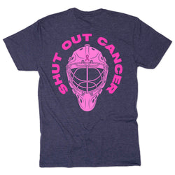 A heather navy blue short-sleeve t-shirt with a large pink graphic on the back featuring a hockey goalie mask and the words 'SHUT OUT CANCER' in pink.