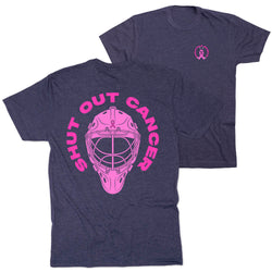 Heather navy blue short-sleeve t-shirt shown from both front and back. The back features a large pink graphic of a hockey goalie mask with the words 'SHUT OUT CANCER' in pink arching above it.
