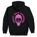A black pullover hoodie shown from the back, featuring a large pink graphic of a hockey goalie mask surrounded by the text 'SHUT OUT CANCER' in pink.