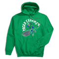 A bright green pullover hoodie with a front graphic of a hockey player and the text 'PUCKY CHARMS' in white, shown on a plain white background.