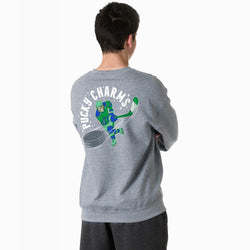 A man viewed from behind wearing a heather gray crewneck sweatshirt with a large back graphic of a hockey player and the text 'PUCKY CHARMS'.