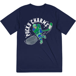 A navy blue short-sleeve t-shirt with a graphic of a hockey player and the text 'PUCKY CHARMS' on the front, displayed against a solid white background.