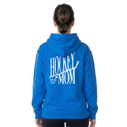 A woman viewed from behind wearing a bright blue hoodie with a large white graphic on the back that reads 'HOCKEY MOM SOCIAL CLUB' with a hockey stick illustration.