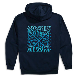 A navy blue hoodie shown from the back, featuring a large graphic print in light blue. The design includes the text 'NO DAYS OFF' repeated in a stylized font, layered over two crossed hockey sticks.