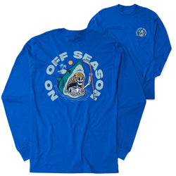 Two royal blue shirts featuring a large graphic print on the back with a smaller graphic on the front. The graphic shows a cartoon shark with a skeleton head holding a hockey stick, surrounded by the text 'NO OFF SEASON' in light blue, with a small beach scene in the background.