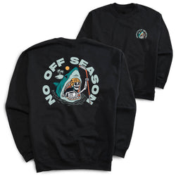 Two black crewneck sweatshirts shown on a white background, with the front view on the right and the back view on the left. The back features a large graphic of a shark with a skeleton holding a hockey stick coming out of its mouth with the text 'NO OFF SEASON' arched above.