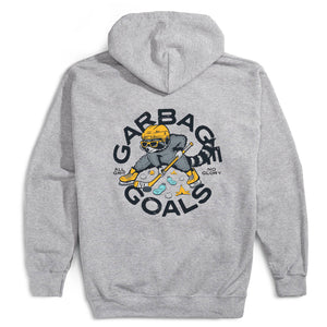 A heather gray pullover hoodie shown from the back, featuring a large graphic of a cartoon hockey player with the text 'GARBAGE' and 'GOALS' in bold lettering.