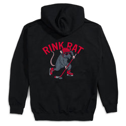 A black hoodie shown from the back, featuring a graphic of a gray rat wearing red hockey gear and holding a hockey stick under the red text 'RINK RAT'.