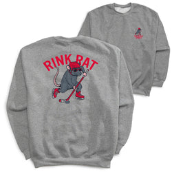 Two heather gray crewneck sweatshirts shown on a white background, with the front view featuring a large graphic of a cartoon gray bat wearing red hockey gear and the words 'RINK RAT' in red, and the back view showing a smaller matching red bat graphic on the left chest.