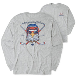 A heather gray long-sleeve t-shirt shown from both the front and back. The back features a large graphic of an eagle wearing an American flag helmet and sunglasses with crossed hockey sticks behind it and the text 'United States of Hockey' and 'Est. 1776'.