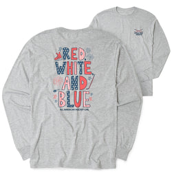 A heather gray long-sleeve t-shirt shown from both the front and back. The back features a large graphic reading 'RED WHITE AND BLUE' in patriotic red, white, and blue lettering with hockey-themed illustrations.