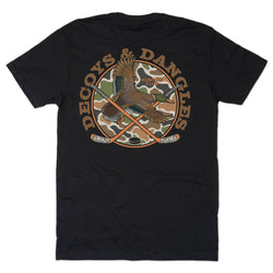 A black short-sleeve t-shirt shown from the back, featuring a large circular graphic print. The graphic includes the words 'DECOYS & DANGLES' in brown, a mallard duck, crossed hockey sticks, and a camouflage background.