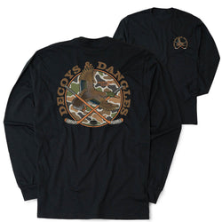 A black long-sleeve t-shirt shown from both the back and front. The back features a large circular graphic with the text 'DECOYS & DANGLES' in an arch over a detailed illustration of a duck and crossed hockey sticks