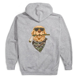 A heather gray pullover hoodie shown from the back, featuring a large graphic of a golden retriever wearing sunglasses, a camo bandana, and holding a hockey stick.