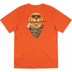 An orange short-sleeve t-shirt with a graphic print of a golden retriever wearing sunglasses, a camouflage bandana, and holding a green hockey stick in its mouth, shown against a plain white background.