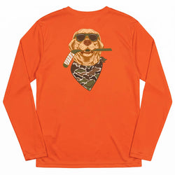 An orange long-sleeve t-shirt shown from the back, featuring a graphic of a golden retriever dog wearing sunglasses, a green camouflage bandana, and holding a hockey stick.