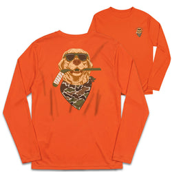 An orange long-sleeve performance t-shirt shown from both the front and back. The back features a large graphic of a dog wearing sunglasses, a camo bandana, and holding hockey stick.