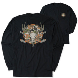 Black long-sleeve t-shirt shown from the back and side, featuring a large graphic of a deer skull with antlers, crossed hockey sticks, and a camouflage circle on a white background.