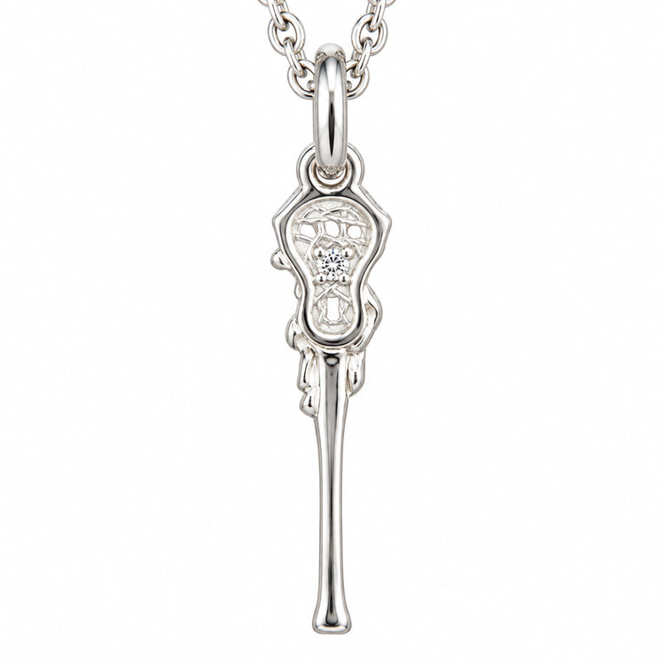 Sterling Silver Lacrosse Stick Pendant Necklace with Cubic Zirconia