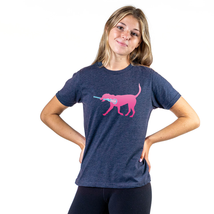 Girls Lacrosse Short Sleeve T-Shirt LuLa the Lax Dog (Pink)