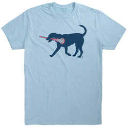 Light blue t-shirt with a navy dog graphic holding a lacrosse stick on a white background