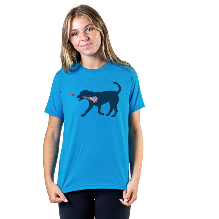 Girls Lacrosse Short Sleeve T-Shirt LuLa the Lax Dog (Blue)