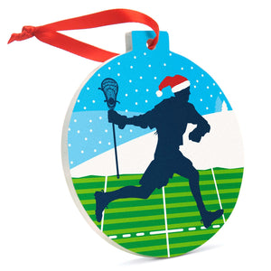 Guys Lacrosse Round Ceramic Ornament - Player Silhouette with Santa Hat