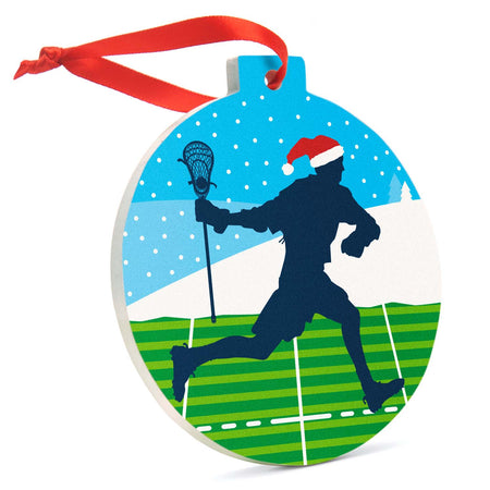 Guys Lacrosse Round Ceramic Ornament - Player Silhouette with Santa Hat