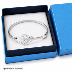 A polished silver lacrosse bracelet with a detailed lacrosse head design, displayed inside an open dark blue gift box with a white insert. A text overlay at the bottom left reads '*gift box not included'.