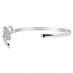 A polished silver-tone metal cuff bracelet with a lacrosse head hook clasp on one end, shown against a plain white background.