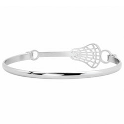 A polished silver-tone metal bangle bracelet featuring a lacrosse head design on the closure end, set against a plain white background.