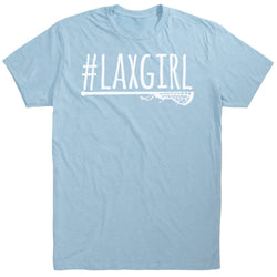 Light blue t-shirt with '#LAXGIRL' text and lacrosse stick graphic on a white background
