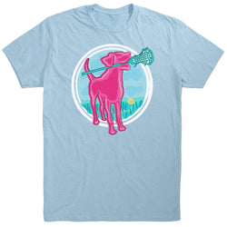 Light blue t-shirt with a pink dog holding a lacrosse stick graphic on a white background