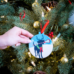 Girls Lacrosse Round Ceramic Ornament - Jingles the Lax Reindeer Dog