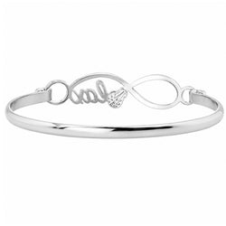 A polished silver infinity bracelet featuring a central script nameplate and a small lax-shaped accent, displayed on a clean white background.