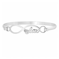 A curved lacrosse stick design on a medal bracelet with the text lax against a plain white background.