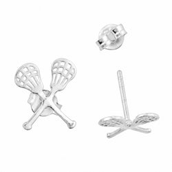 Sterling silver stud earrings shaped like crossed lacrosse sticks, shown from the front and back on a white background.