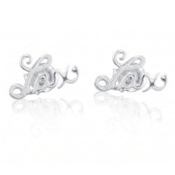 A pair of silver stud earrings featuring the word 'Lax' in an elegant cursive script, displayed on a clean white reflective surface.
