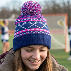 Girls Lacrosse Knit Hat - Crossed Sticks and Hearts
