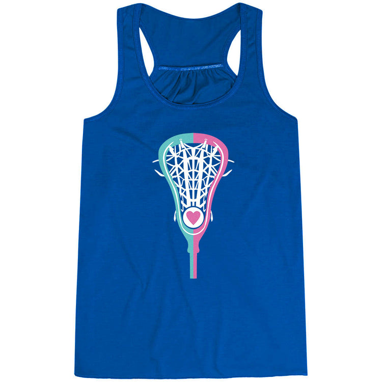 Girls Lacrosse Flowy Racerback Tank Top - Lacrosse Stick Heart Pink Teal White [Adult Small/Blue] - SS