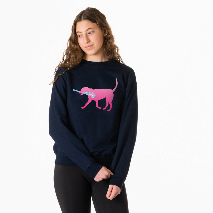 Girls Lacrosse Crewneck Sweatshirt - LuLa the LAX Dog (Pink)