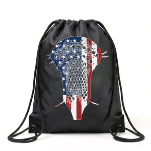 Black drawstring bag with a lacrosse head design featuring an American flag on a white background