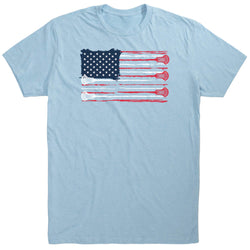 Light blue t-shirt with American flag graphic on a white background