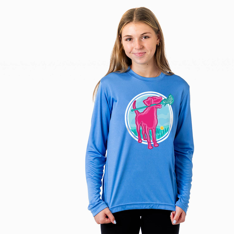 Girls Lacrosse Long Sleeve Performance Tee - Lacrosse Dog with Girl Stick